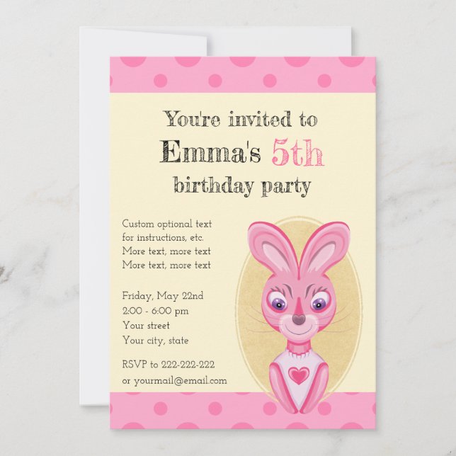 Une invitation rose mignonne de lapin pour une pet (Devant)