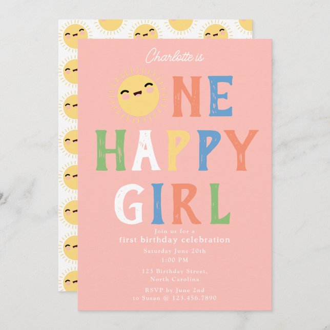 Une joyeuse fille Invitation d'anniversaire 1er An (Devant / Derrière)