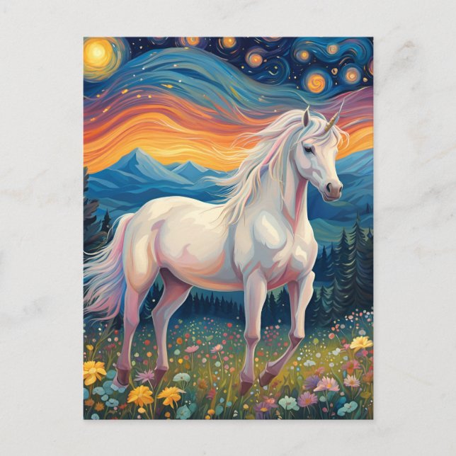 Une licorne dans la carte postale Starry Night (Devant)