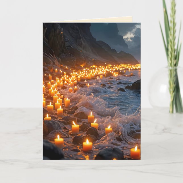 Une mer de lumière de bougies sur la plage, carte  (Devant)