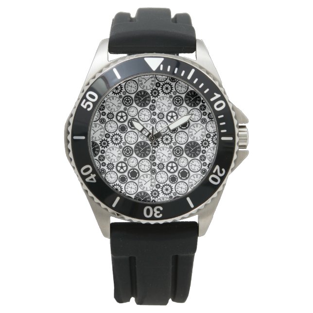 Une montre-bracelet avec un bracelet noir (devant)