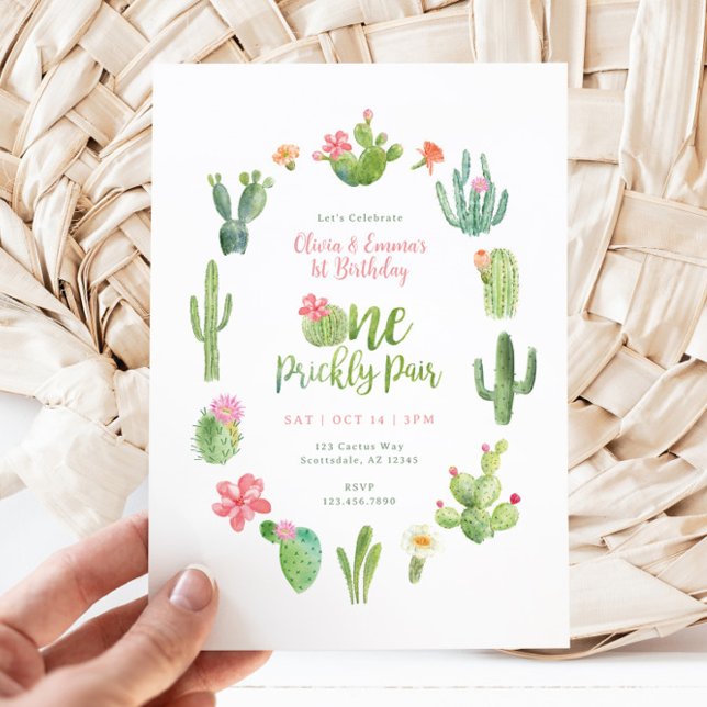 Une Paire Prickly Twin 1er Anniversaire Invitation (One Prickly Pair Twin 1st Birthday Invitation)
