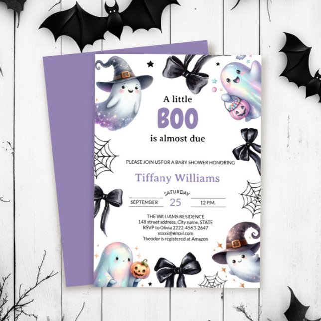 Une Petite Invitation Baby shower Boo | Fantôme mi (Pastel ghost baby shower invite with bows and cobwebs — cute spooky “A Little Boo” theme)