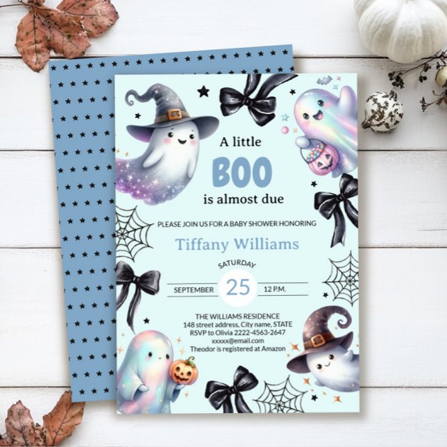 Une Petite Invitation Baby shower Boo | Fantôme mi (A little BOO is almost due — ghost baby shower invite in blue color with black bows)