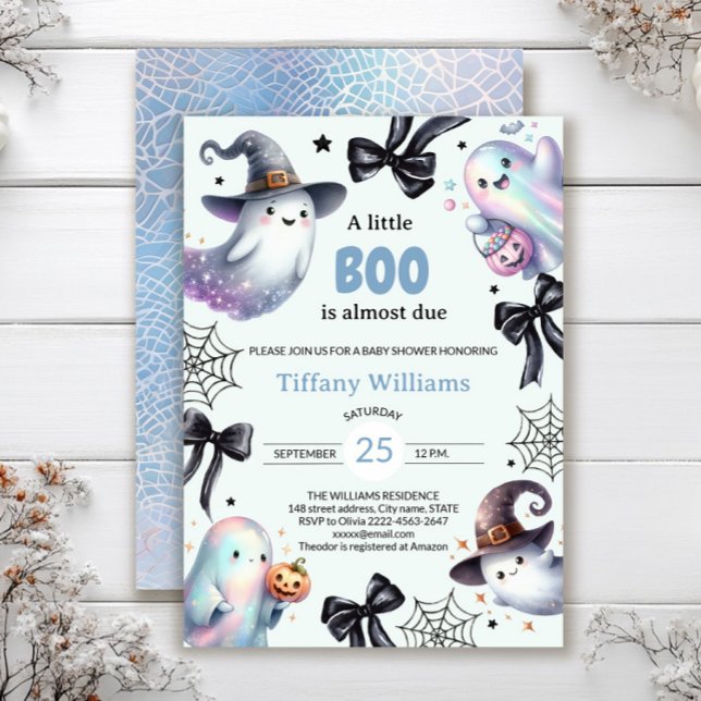 Une Petite Invitation Baby shower Boo | Fantôme mi (A little BOO is almost due — ghost baby shower invite in blue color with black bows)