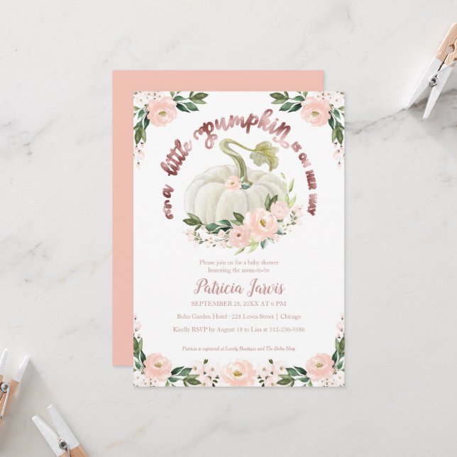 Une petite invitation de baby shower florale citro (Devant/Arrière en situation)
