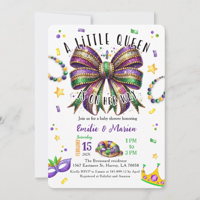 Une petite reine est en route Invitation Mardi Gra (Devant)
