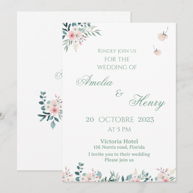 Une simple carte d'invitation de mariage à l'aquar (Devant / Derrière)