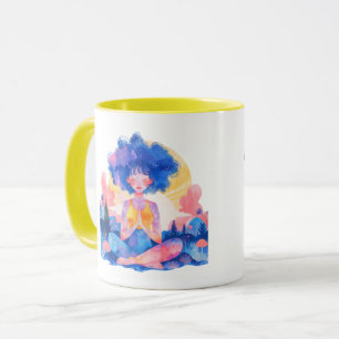 Une tasse avec une fille en position lotus.