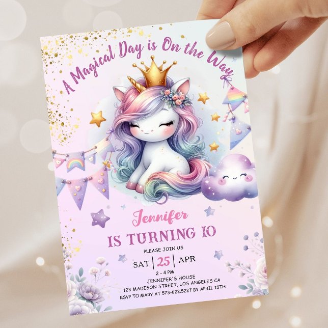 Unicorn 10e anniversaire Invitation fille rose et  (#UnicornBirthdayInvitation #UnicornBirthdayInvitationTemplate #UnicornBirthdayInvitationEditable 
)