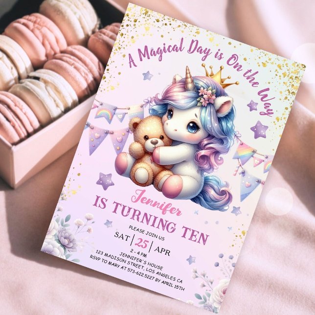 Unicorn 10e anniversaire Invitation fille rose or  (#UnicornBirthdayInvitation #UnicornBirthdayInvitationTemplate #UnicornBirthdayInvitationEditable 
)