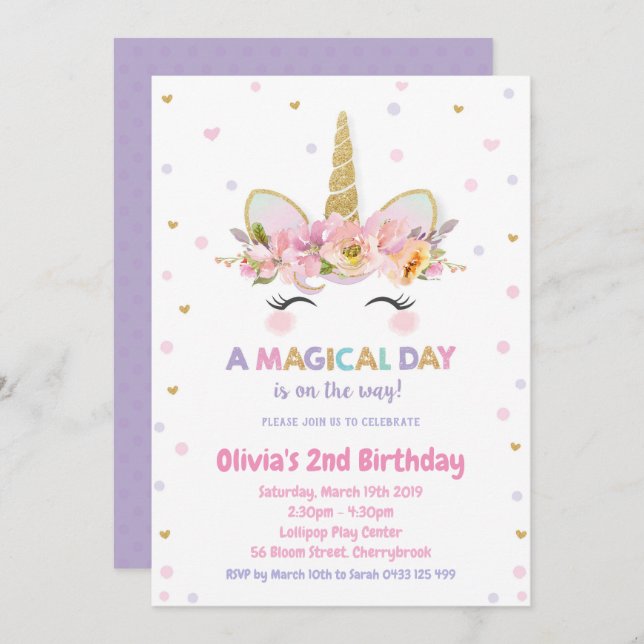 Unicorn 1er anniversaire Invitation Girls Gold Par (Devant / Derrière)