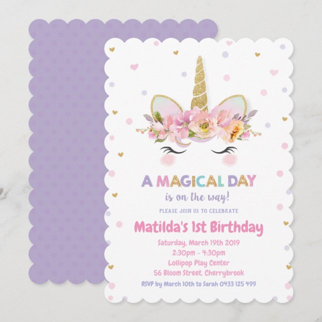 Unicorn 1er anniversaire Invitations Filles Floral (Devant / Derrière)