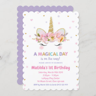 Unicorn 1er anniversaire Invitations Filles Floral