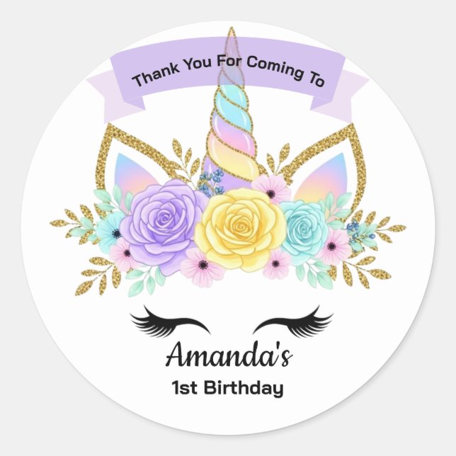 Unicorn 1st Birthday Party Favor Sticker (Devant)