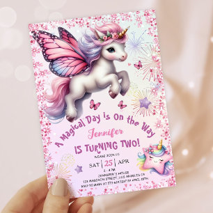 Unicorn 2e anniversaire Invitation fille rose viol