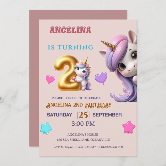 Unicorn 2e anniversaire Invitation fille violet &  (Devant / Derrière)