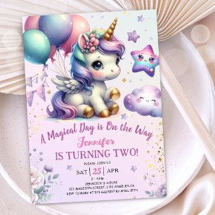 Unicorn 2e anniversaire Invitation fille violet & 