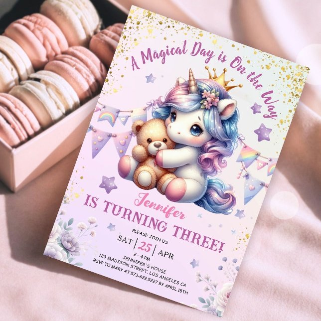 Unicorn 3ème anniversaire Invitation fille rose or (#UnicornBirthdayInvitation #UnicornBirthdayInvitationTemplate #UnicornBirthdayInvitationEditable 
)