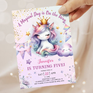 Unicorn 5e anniversaire Invitation fille rose & or