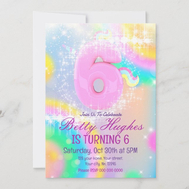 Unicorn 6e anniversaire Invitation (Devant)