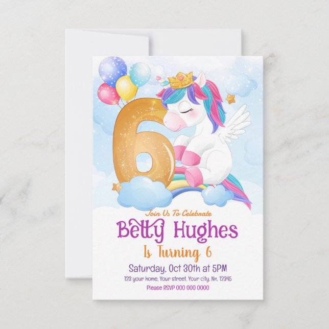 Unicorn 6e anniversaire Invitation (Devant)