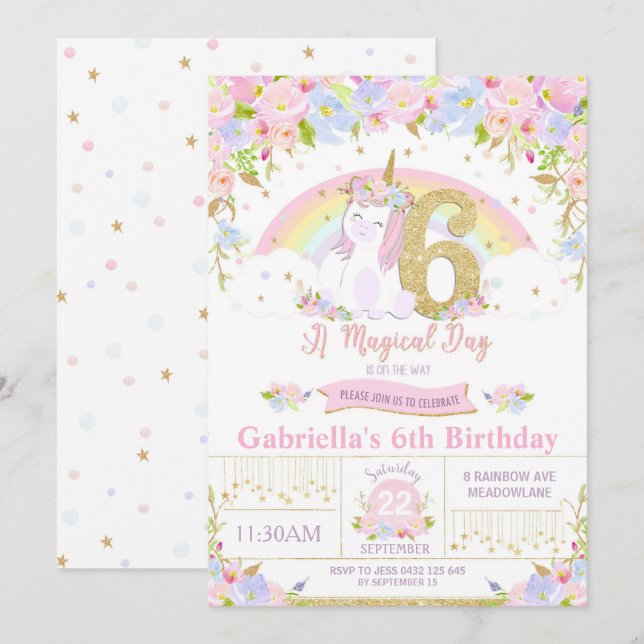 Unicorn 6e anniversaire Invitation Floral Arc-en-c (Devant / Derrière)