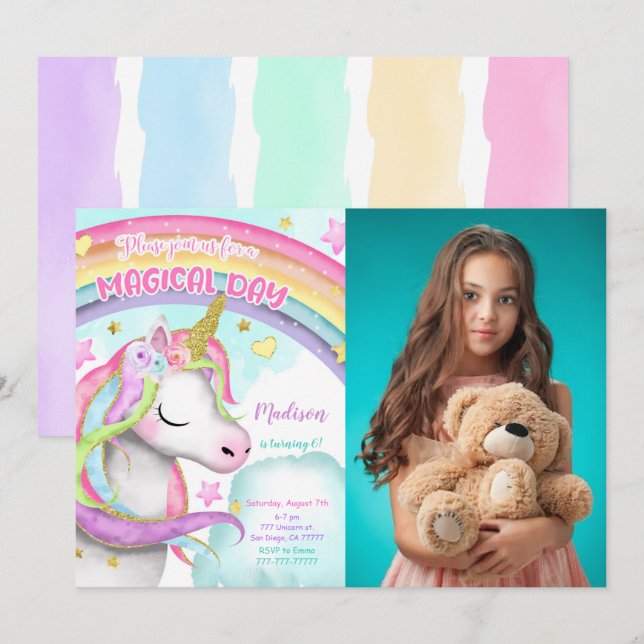 Unicorn 6e anniversaire Invitation photo (Devant / Derrière)