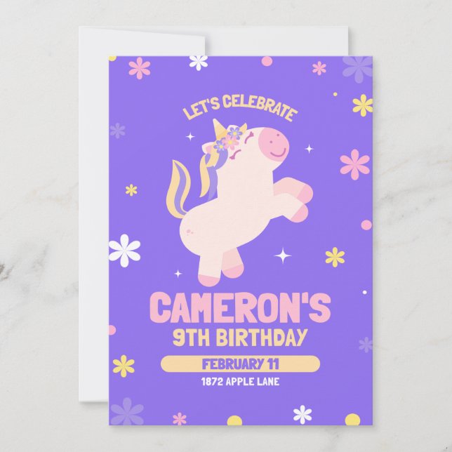 Unicorn 9e anniversaire Invitation pour les filles (Devant)