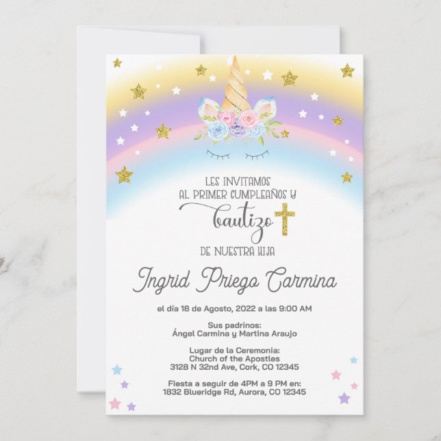 Unicorn anniversaire baptism invitation Espagnol. (Devant)