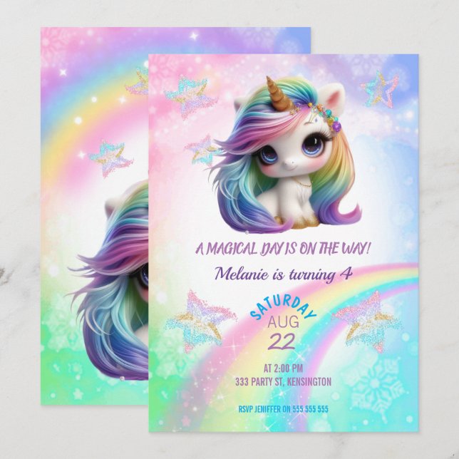 Unicorn Anniversaire Fête Fille Invitation (Devant / Derrière)