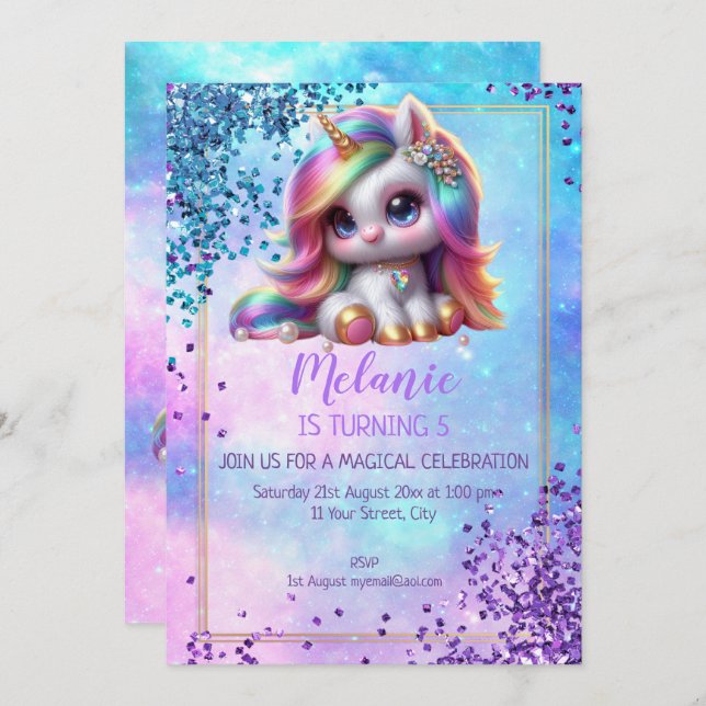 Unicorn Anniversaire Fête Fille Invitation (Devant / Derrière)