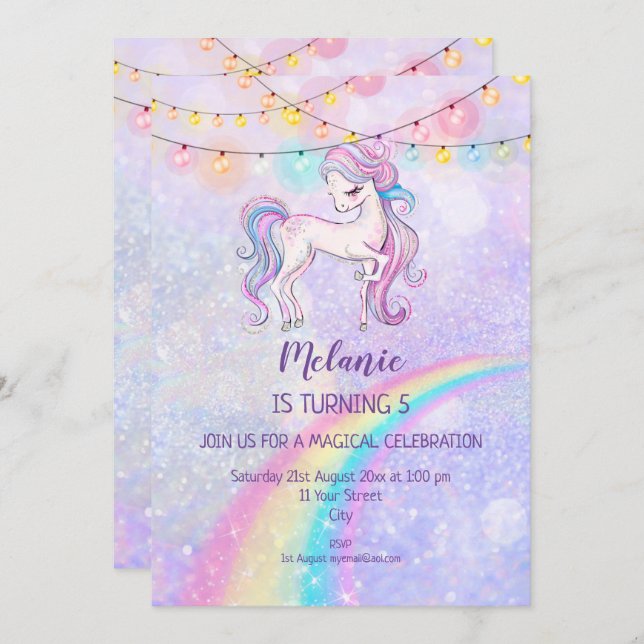 Unicorn Anniversaire Fête Fille Invitation (Devant / Derrière)