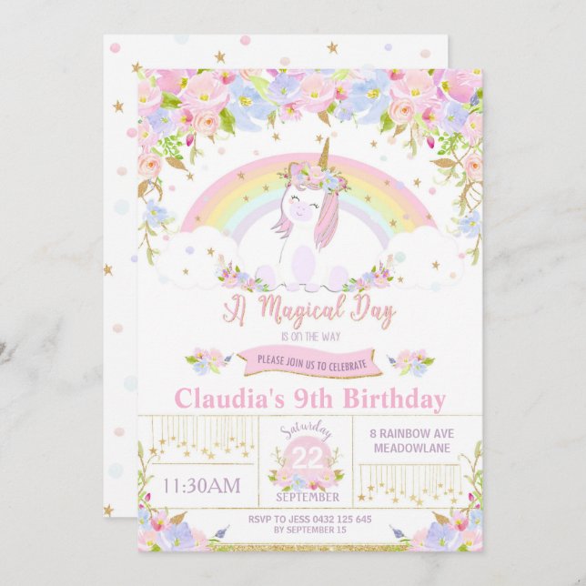 Unicorn Anniversaire Fête Invitation Floral Arc-en (Devant / Derrière)