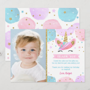 Unicorn Anniversaire fête Merci Cartes avec photo