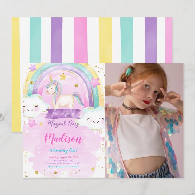 Unicorn Anniversaire Fête Photo Invitation (Devant / Derrière)