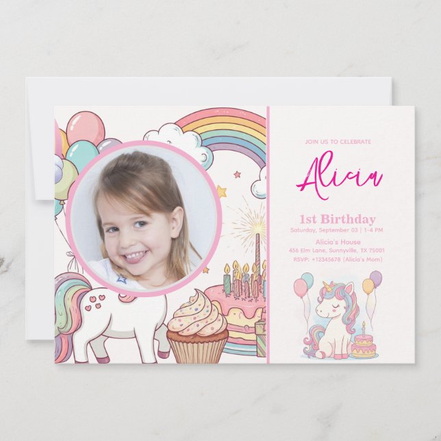 Unicorn Anniversaire Invitation 1er Anniversaire (Devant)