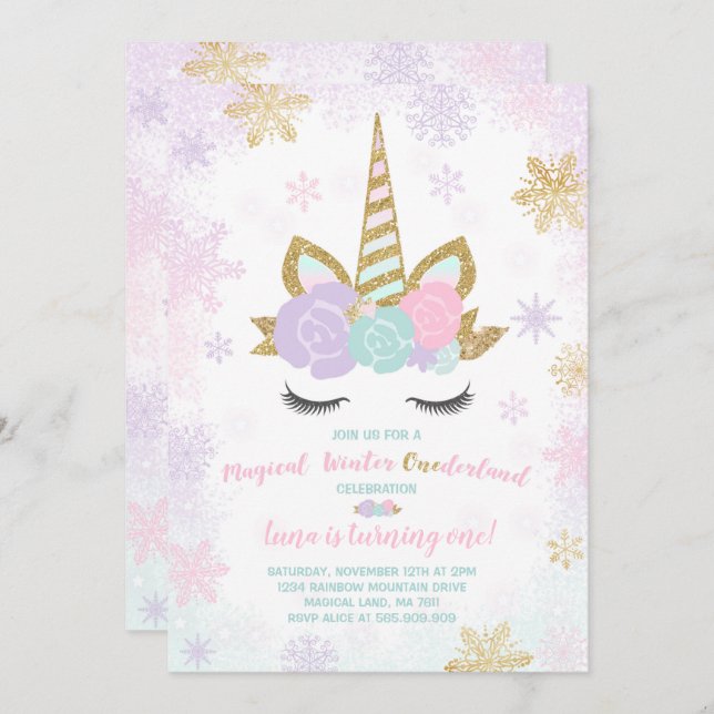 Unicorn Anniversaire Invitation Hiver Unicorn Part (Devant / Derrière)