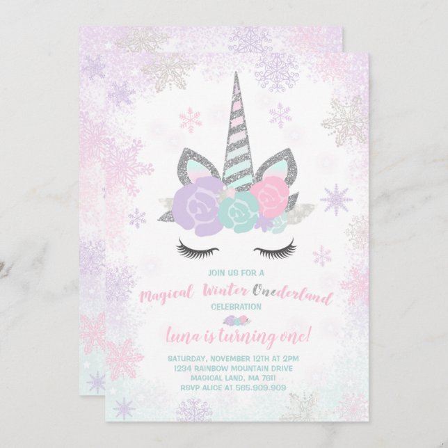 Unicorn Anniversaire Invitation Hiver Unicorn Part (Devant / Derrière)