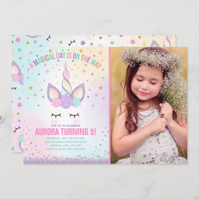 Unicorn Anniversaire Invitation Magique Unicorn Pa (Devant / Derrière)