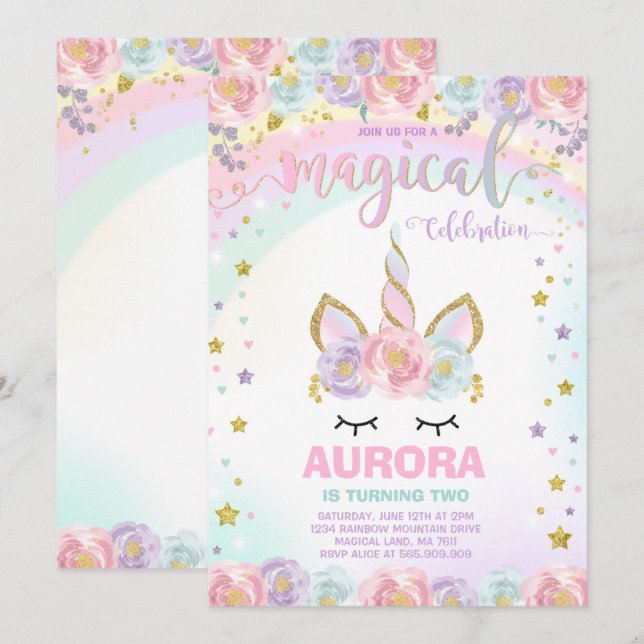 Unicorn Anniversaire Invitation Magique Unicorn Pa (Devant / Derrière)