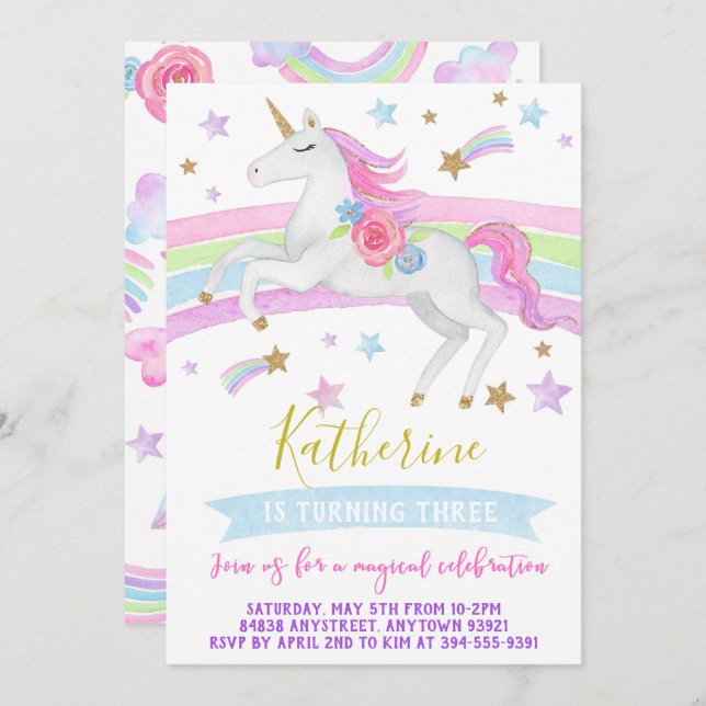 Unicorn anniversaire invitation rainbows unicorn (Devant / Derrière)
