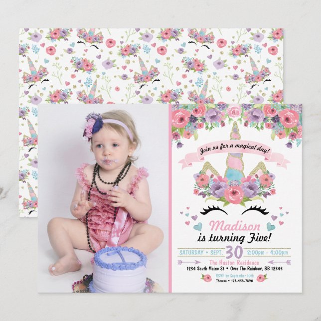 Unicorn Anniversaire Photo Invitation (Devant / Derrière)