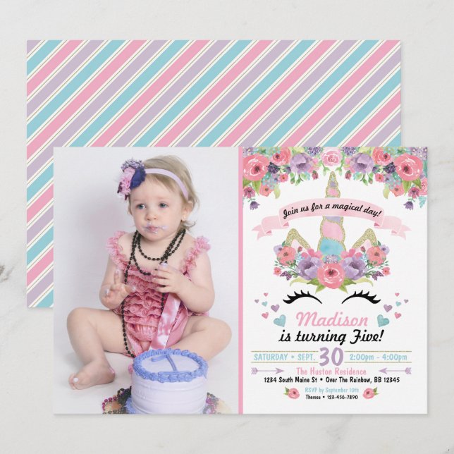 Unicorn Anniversaire Photo Invitation (Devant / Derrière)