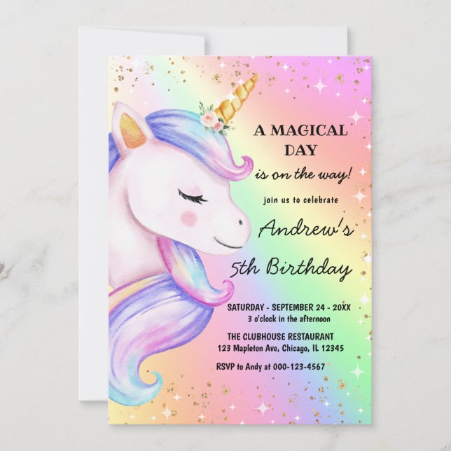 Unicorn Arc en ciel Anniversaire Fête Invitation f (Devant)