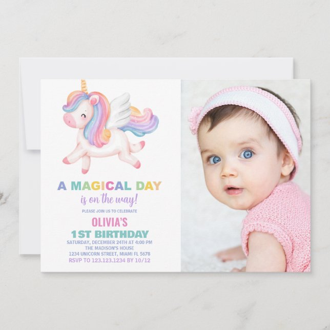 Unicorn Arc en ciel Invitations avec photo (Devant)