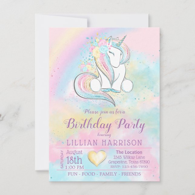 Unicorn Arc-en-ciel Invitations de fête d'annivers (Devant)