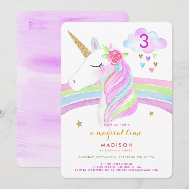 Unicorn Arc en ciel Magique Invitation d'anniversa (Devant / Derrière)