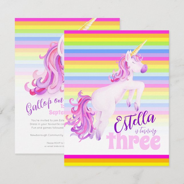 Unicorn art arc-en-ciel invitations 3e anniversair (Devant / Derrière)