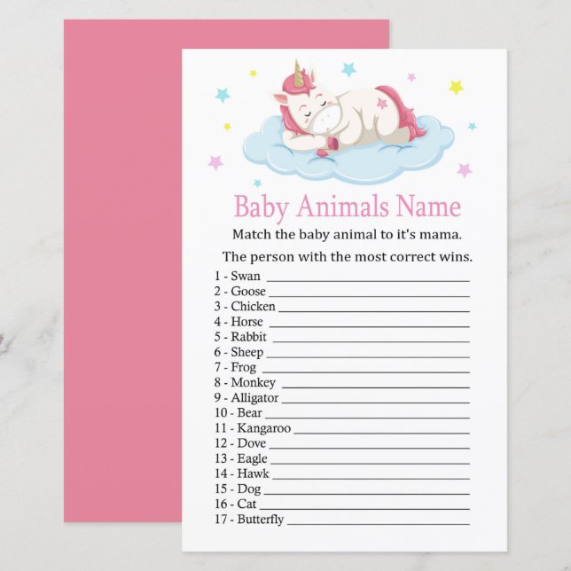 Unicorn Baby Animaux Nom Jeu (Devant / Derrière)
